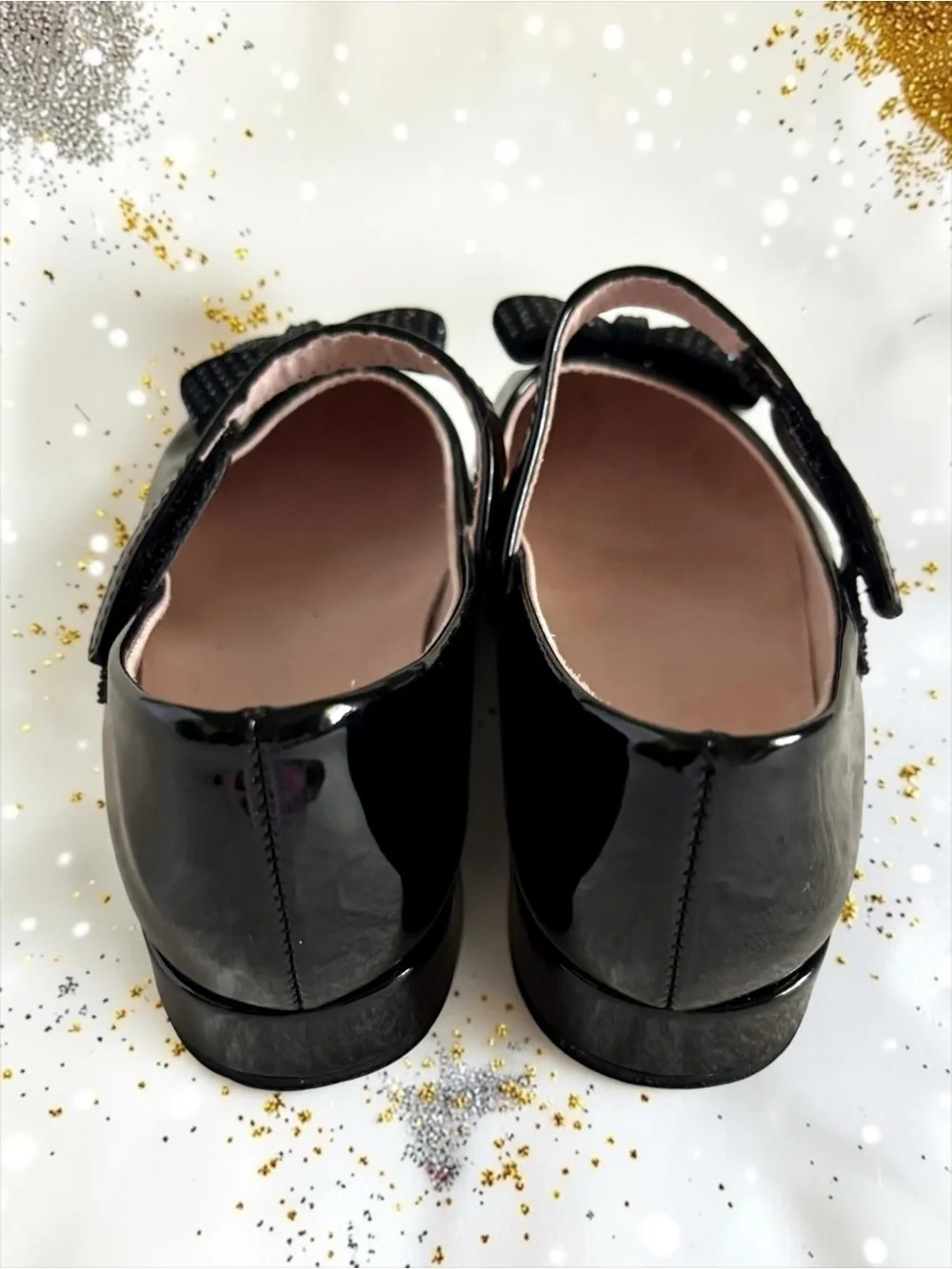 Kelly & Katie Bow Dress Flats Black Patent Rhinestone Girls Size 12 EUC